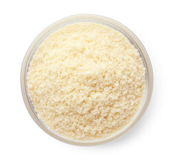 Fresh almond flour in bowl isolated on white, top view