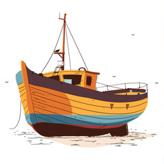 Colorful fishing boat stranded shore, birds flying, sea vessel washed ashore. Striped wooden boat, maritime emergency, no people visible. Fishing trawler grounded, vibrant colors