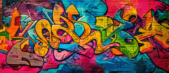 Colorful urban wall graffiti banner background. Creative city street art background on brick wall. Abstract geometric graffiti composition in bold solid colors