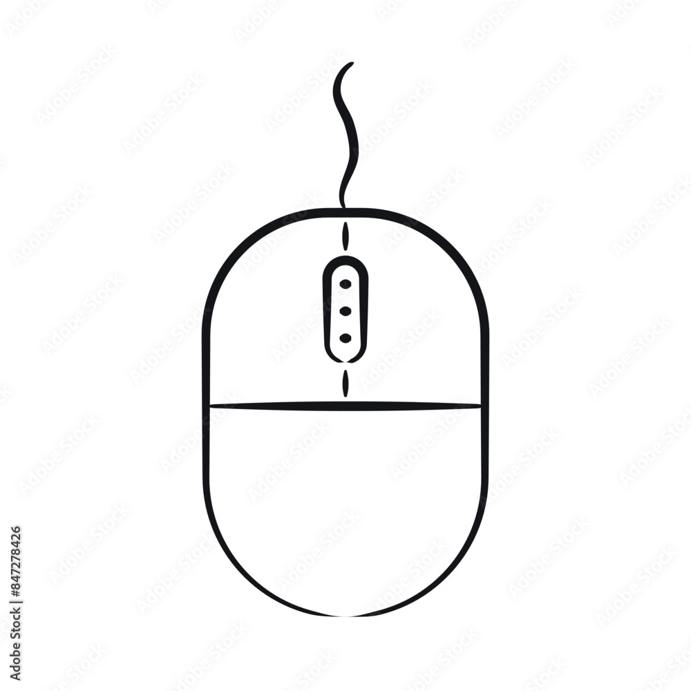 Fototapete sketch computer mouse with wheel drawn by hand with pencil. wired device for cursor control. contour