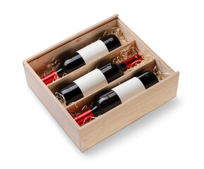 Wooden gift box with wine bottles isolated on white