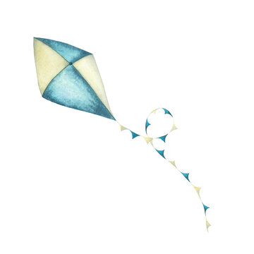 Watercolor kite in beige and blue delicate colors with colorful ribbon. Hand-drawn illustration isolated on white background. Children's toy, flies. Perfect for prints, posters, covers, cards
