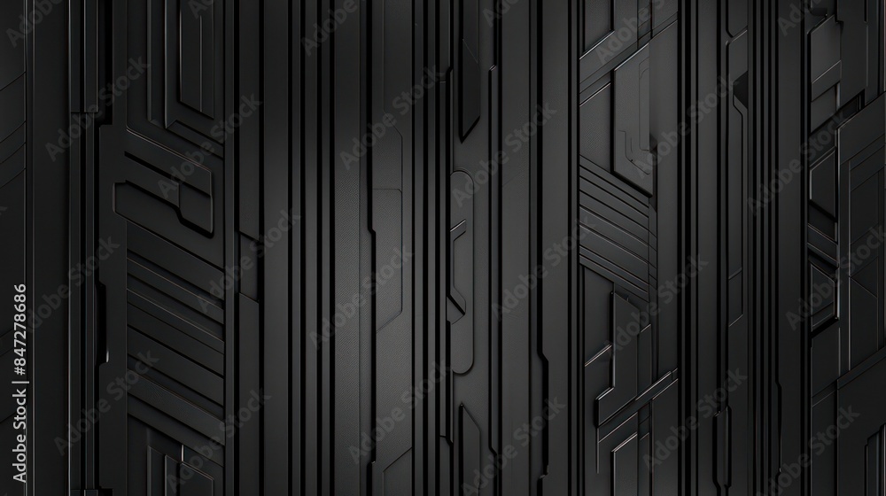 Poster an image showcasing a detailed 3d geometric pattern with futuristic, angular shapes in black tones