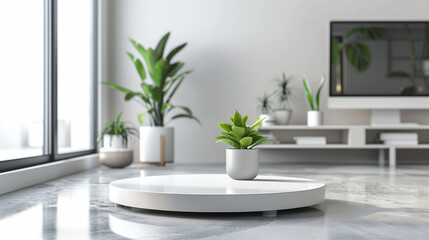 Modern living room with a potted plant on a round white platform, featuring stylish decor and natural light.
