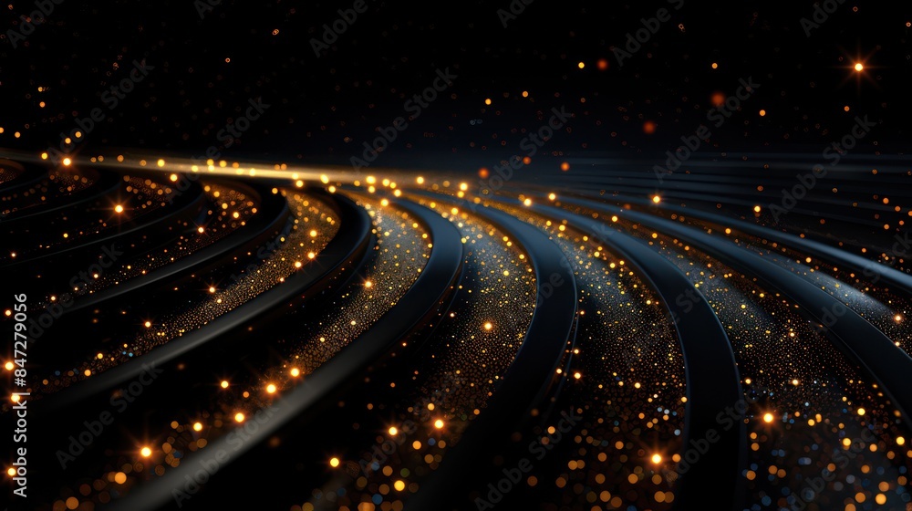 Poster abstract digital artwork with glowing curved lines interspersed with sparkling particles on a dark b