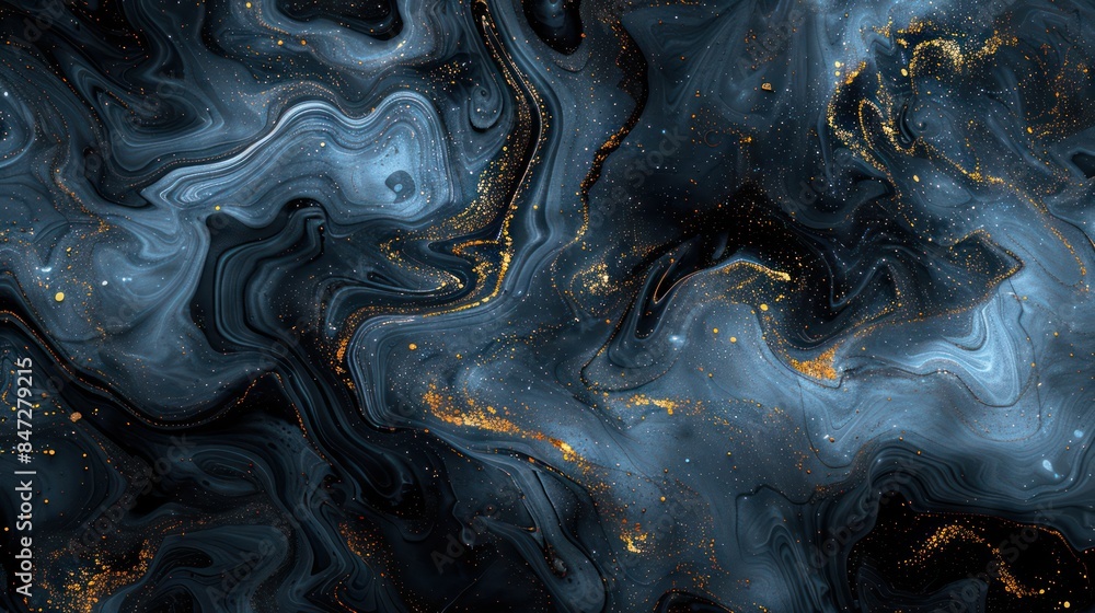 Poster a high-resolution image displaying an abstract fluid art with blue and gold marble patterns, reminis