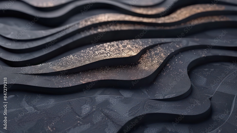 Poster close-up of an abstract wavy texture with glittering sparkles on a black surface, creating an elegan