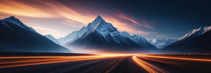 Landscape with mountains and blurred traffic below. Long exposure. Ultra-wide shot. Banner, poster, background. With copy space