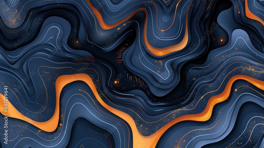 Poster an artistic digital rendering of flowing abstract waves in blue with orange accents and a hint of gl