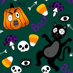 Halloween animals seamless cats and pumpkins pattern for wrapping paper