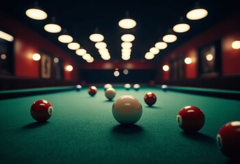 Billiard balls scattered on a billiard table. Blurred background. Banner, poster, background, postcard, wallpaper. With copy space