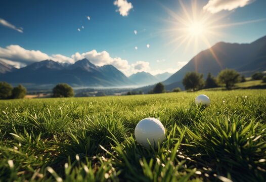 Close-up of a golf ball on a grass course. Golf. Banner, poster, background. With copy space