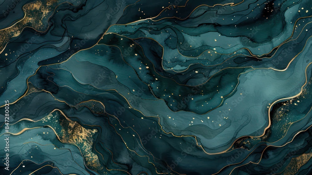 Poster elegant image displaying golden swirls with glitter on a dark, textured backdrop resembling marble o