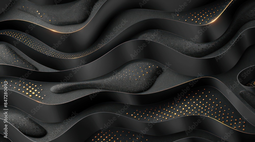 Poster elegant black textured waves interspersed with luxurious golden lines and dots, creating a sophistic