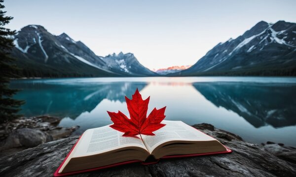 Canada landscape, red maple leaf and a book in the foreground. Canada Day. Banner, poster, background. Copy space.