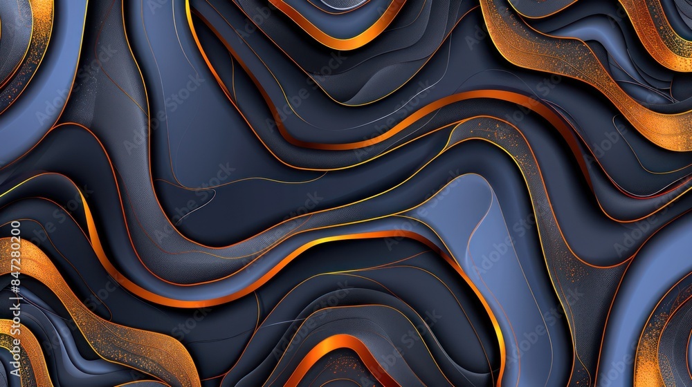 Poster this image features a mesmerizing abstract pattern with flowing blue and orange lines, highlighted w