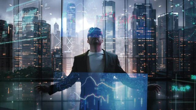 Man with VR Headset Immersed in Virtual Reality in Modern Office Night Stock Market Investing Finance Tech Success