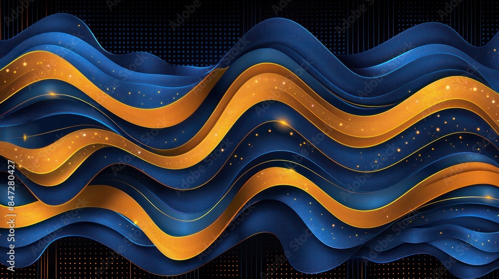 Poster this image features an abstract design with flowing blue and gold waves, accented by glitter and sub