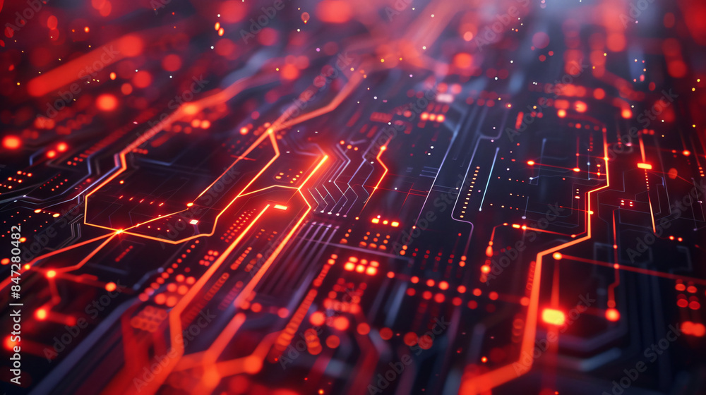 Leinwandbilder Glowing and pulsating red lights transmitting data on a circuit board