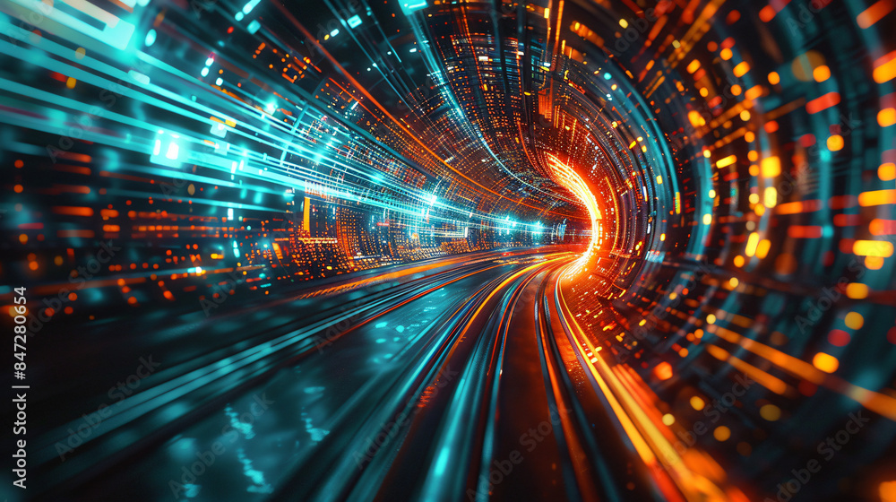 Poster Light trails racing through a digital tunnel, hinting at swift technological progress