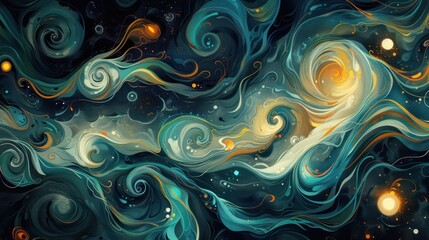 An intricate abstract design of swirling cosmic patterns with golden highlights giving a sense of movement and energy