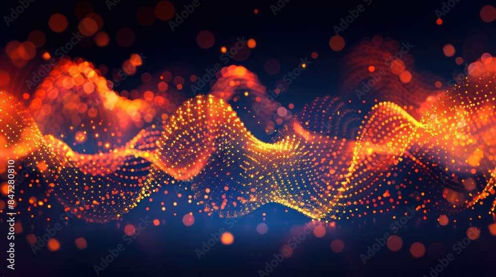 Poster an abstract image depicting a dynamic wave of glowing orange particles against a dark background, si
