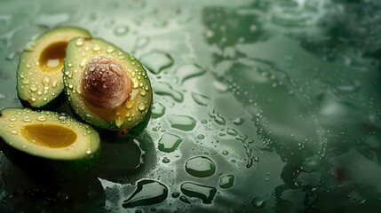 Fresh cut avocado with drops of water on a green background with copy space, concept of healthy food, organic life. Generative AI