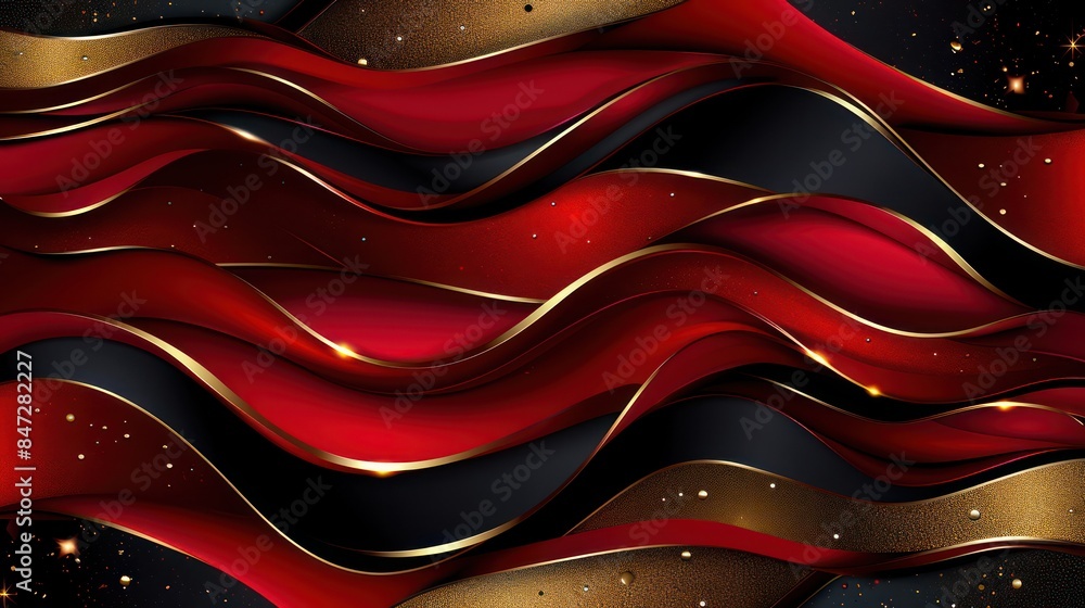 Poster elegant red and gold wavy pattern with sparkling particles and smooth lines on a dark background ide