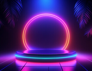 Neon Lights and a Round Stage with Palm Trees