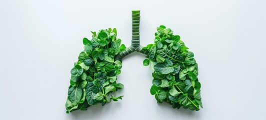 Human lungs are made with fresh green plant leaves on white background. Minimal coronavirus or pneumonia concept. Green, world health or environment day and ecology concept banner