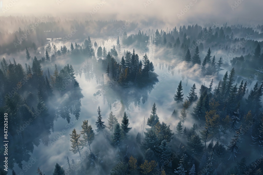 Wall mural fog in forest aerial view generative ai - Wall murals