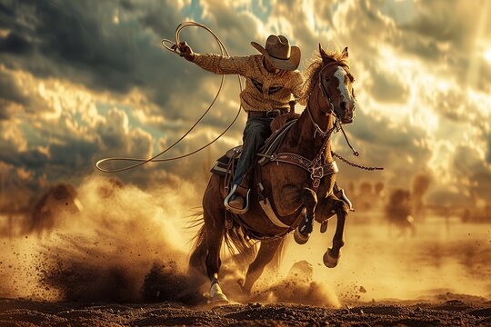 This image captures a professional photo of a cowboy lassoing a calf at full speed while on horseback, showcasing the intensity and precision of the moment. Both the horse and calf are in motion