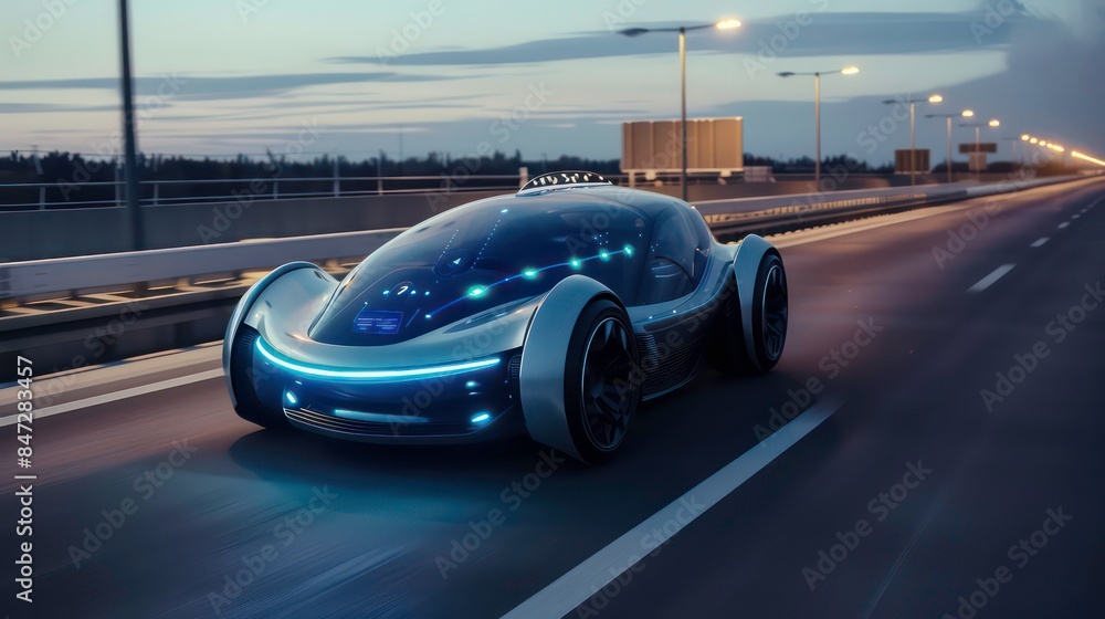 Poster futuristic ev car with motion lighting on highway with full self driving system activated for transp