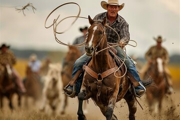 This image captures a professional photo of a cowboy lassoing a calf at full speed while on horseback, showcasing the intensity and precision of the moment. Both the horse and calf are in motion