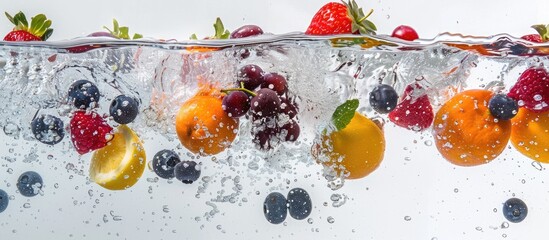 Fresh fruits tumbling into water and creating a splash, set against a white backdrop