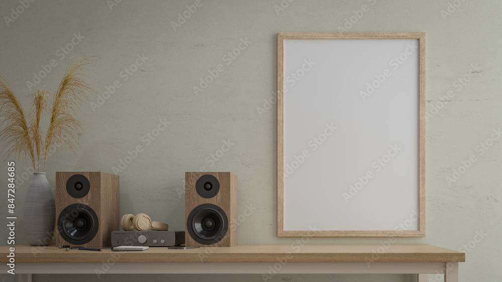 Poster picture frame mockup with audio bookshelf speaker. 3d rendering