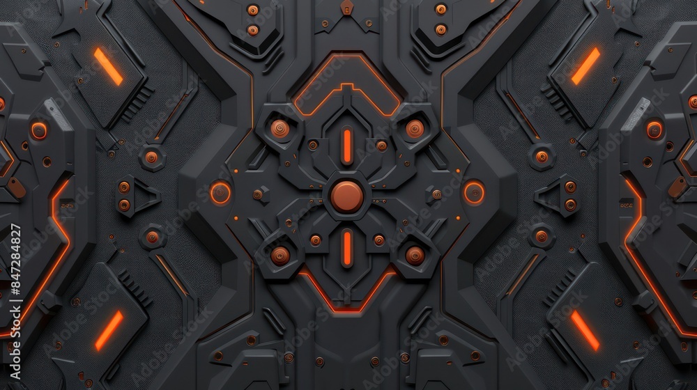 Poster detailed image showing a symmetric futuristic panel with orange illuminated elements on a dark backg