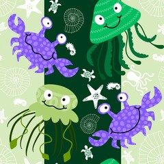 Summer animals print seamless cartoon crabs and jellyfish pattern for wrapping