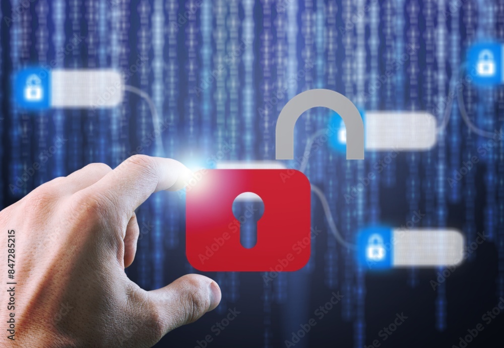 Poster hacker attack alert with broken padlock , cybersecurity