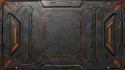 This image features a science fiction armored metal panel with orange glowing lights, exhibiting a futuristic and robust design
