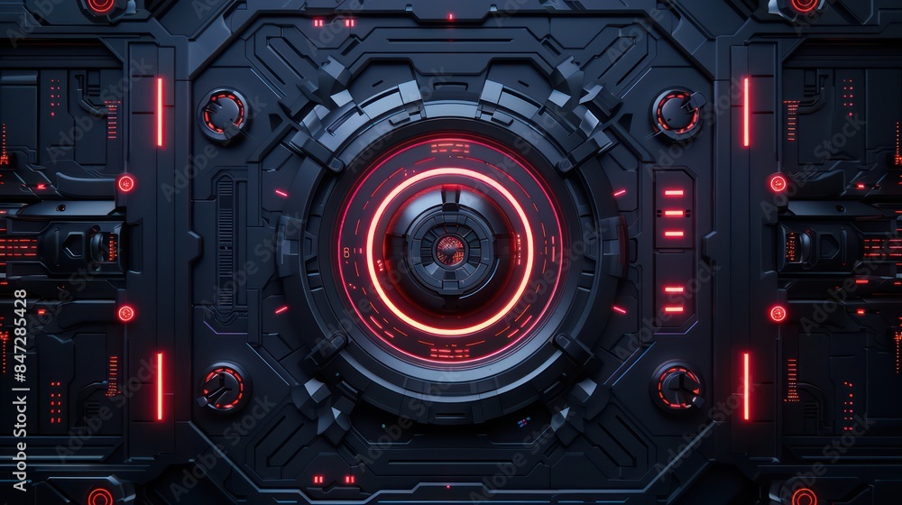 Poster detailed sci-fi texture of a futuristic interface with intricate patterns and glowing red elements, 