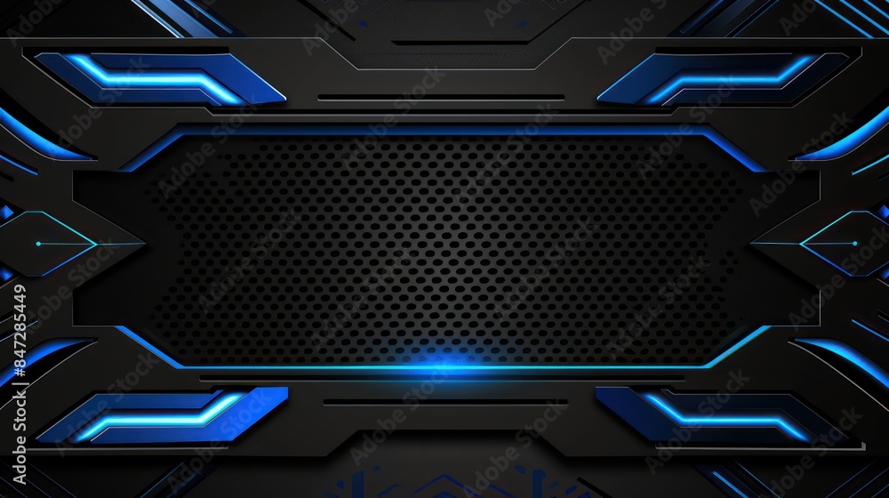Poster an abstract image featuring a symmetrical metallic design with blue neon lights and a dotted pattern