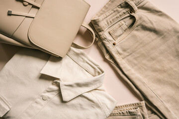 Stylish beige women's outfit , top view