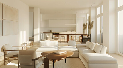 Fototapeta premium A clean, white-walled living room with sleek, modern furniture