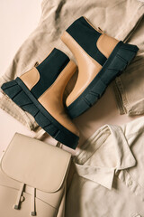 Stylish beige women's outfit , top view