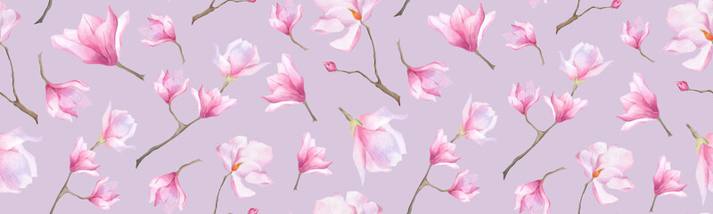 Watercolor seamless magnolia pattern Floral purple print for wrapping paper, wallpaper design Women's day 2025 decoration Spring pink flower Botanical background © Daria Legotina