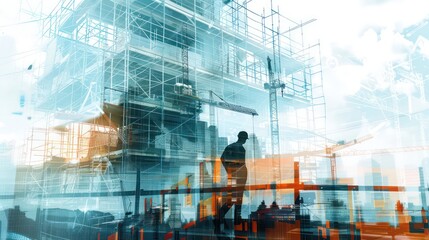 Fototapeta premium Illustration digital building construction engineering with double exposure graphic design. Building engineers, architect people or construction workers working with modern civil equipment technology