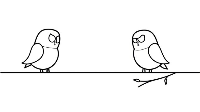 A simple black and white drawing illustrates two cartoon birds on a single line, appearing to be upset with each other