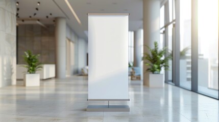 Customizable roll-up mockup poster in a contemporary event space, ideal for showcasing event information or sponsor logos, clean design, minimalism. Roll up mockup poster