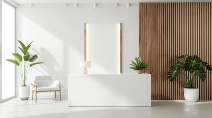 Blank roll-up mockup poster in a contemporary office reception area, ready for branding or informational displays, sleek and sophisticated design, light background, minimalism. Roll up mockup poster
